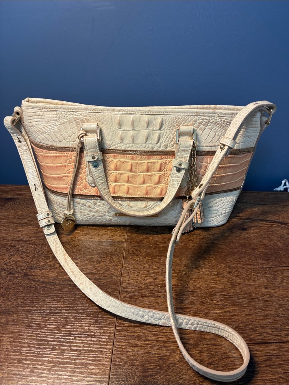 Brahmin Mini Asher Cream and Peach Croc-Embossed Women’s Satchel